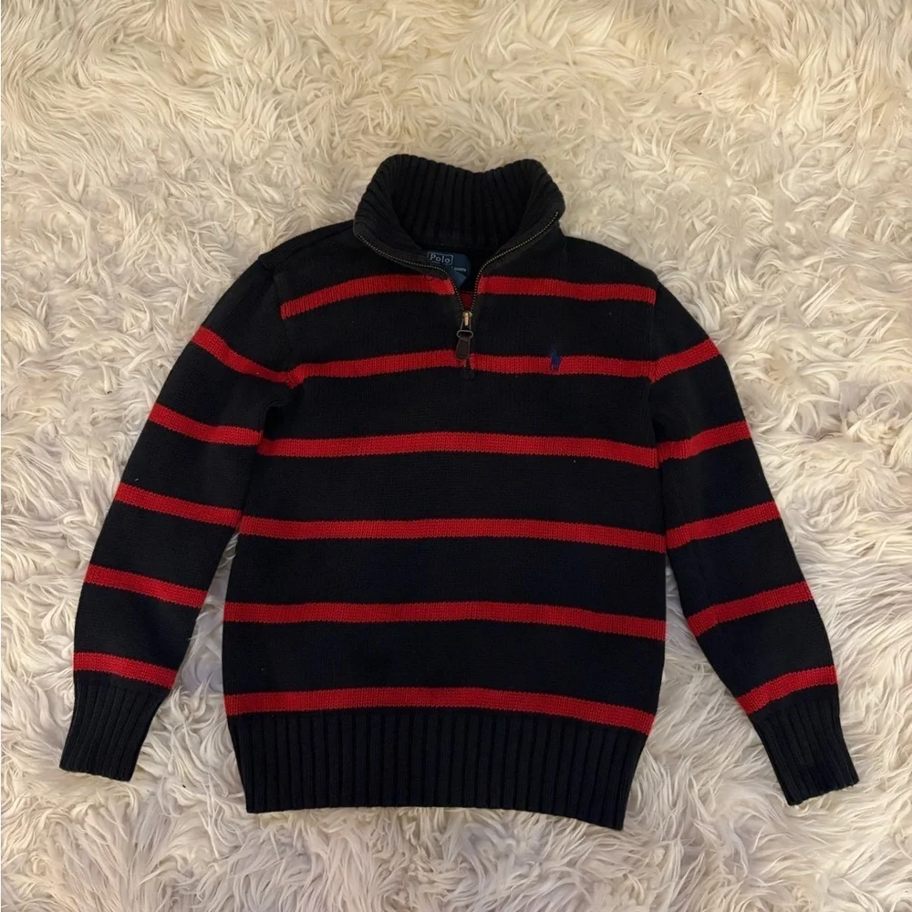 Boys Polo Ralph Lauren Quarter Zip Sweater Knit Black Stripe Sweater Pullover
